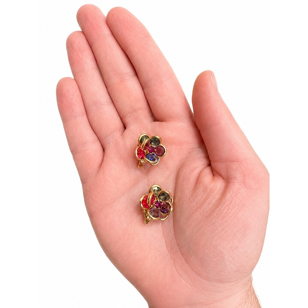 Vintage 1980s Multicolor Rhinestone Flower Clip-On Earrings Gold Tone Statement - Picture 2 of 5